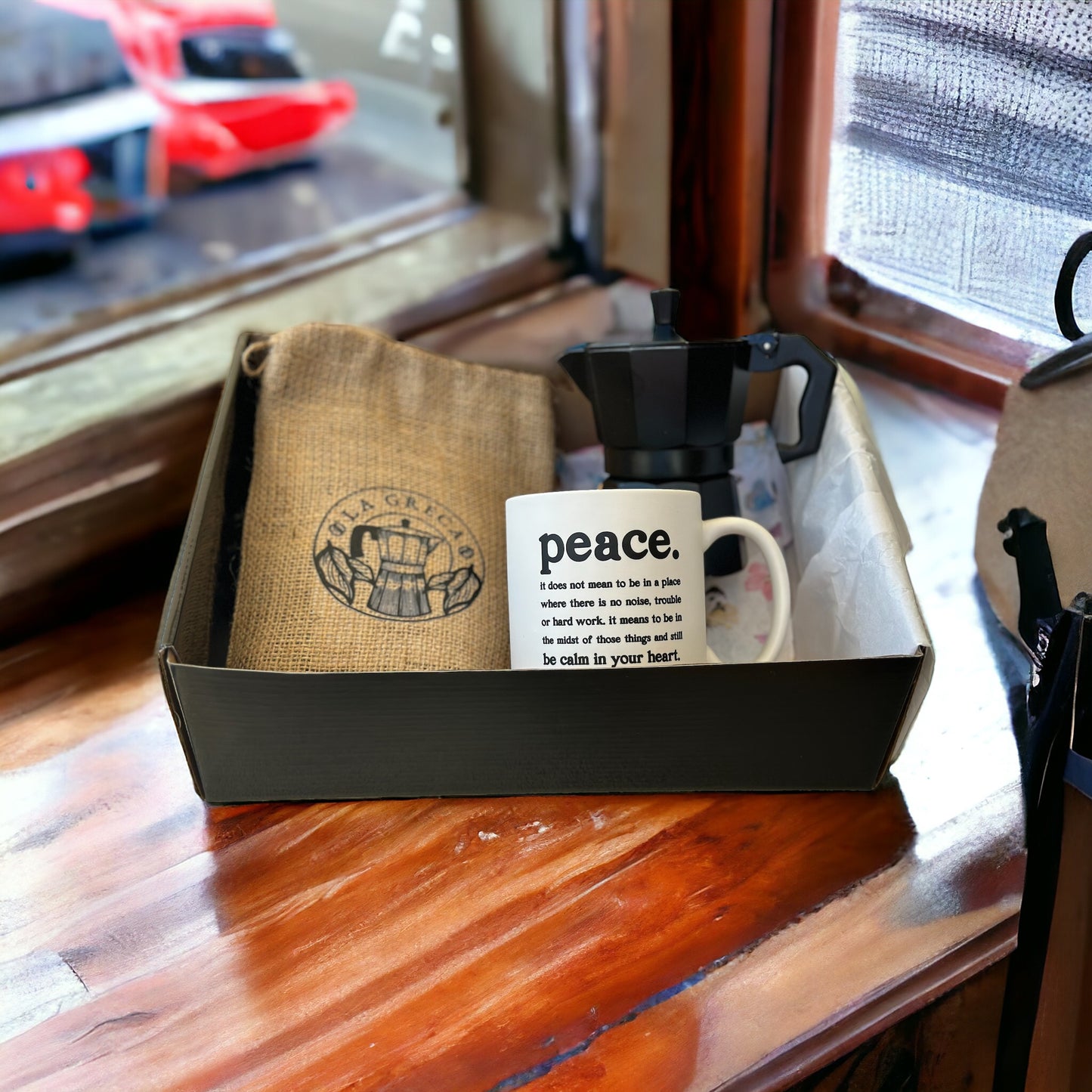Combo Café La Greca +Greca Negra de 3 tazas + 12 onz White Coffee Peace Mug