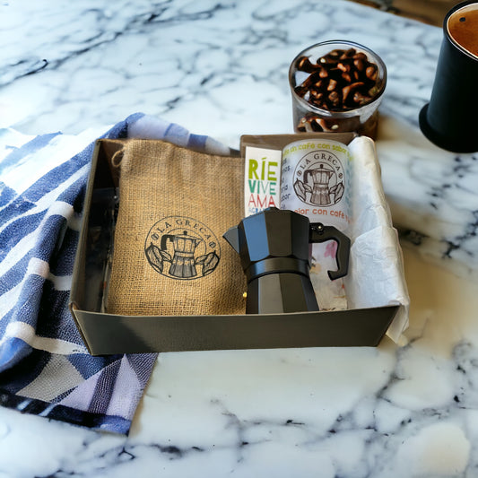 Combo Café La Greca + Greca Negra de 3 tazas + Taza 10 onz Wemi Arts Collection