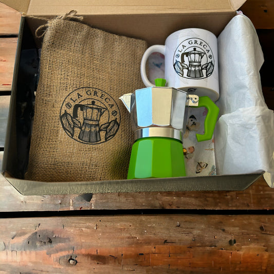 Combo Café La Greca + Greca 3 tazas aluminio y verde + taza 11 onz Café La Greca