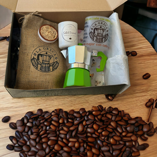 Combo Café La Greca + 10 onz Coffee Mug Wemi Arts collection + 3 Cups Green coffee maker + 3.8 onz Scented coffee candle