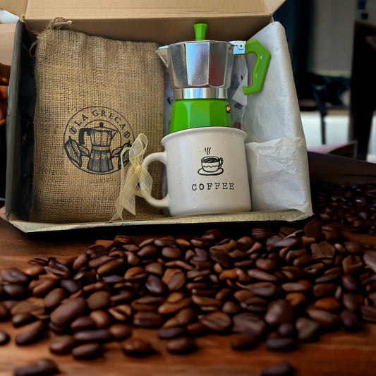 Combo Café La Greca + 3 cups green coffee maker + 11 onz white ceramic coffee mug